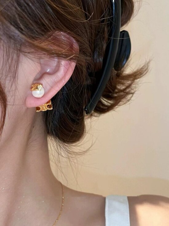 Celine Paris Pearl & Gold Triomphe Stud Earrings | Like New